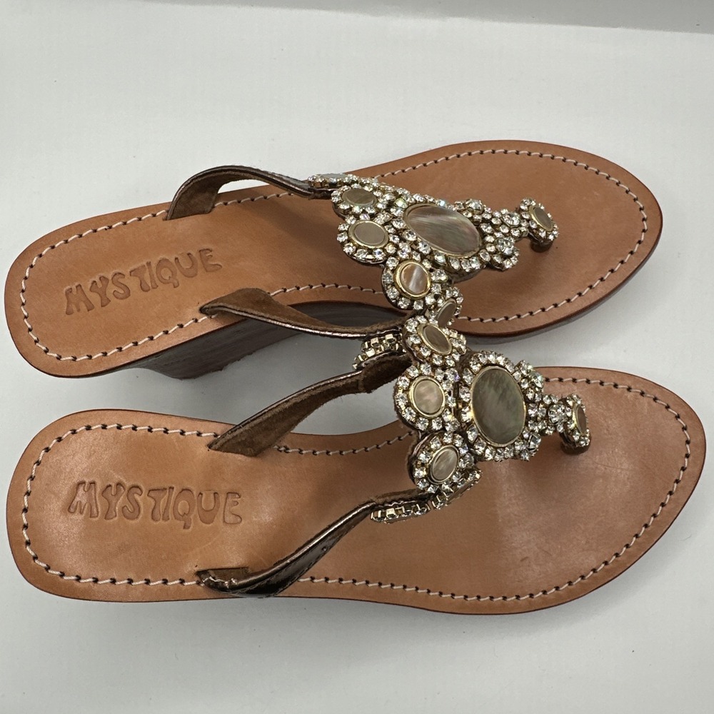 Mystique Brown Leather Jeweled Crystal Stone Embellished Wedge Sandals Sz 8 - Picture 6 of 7